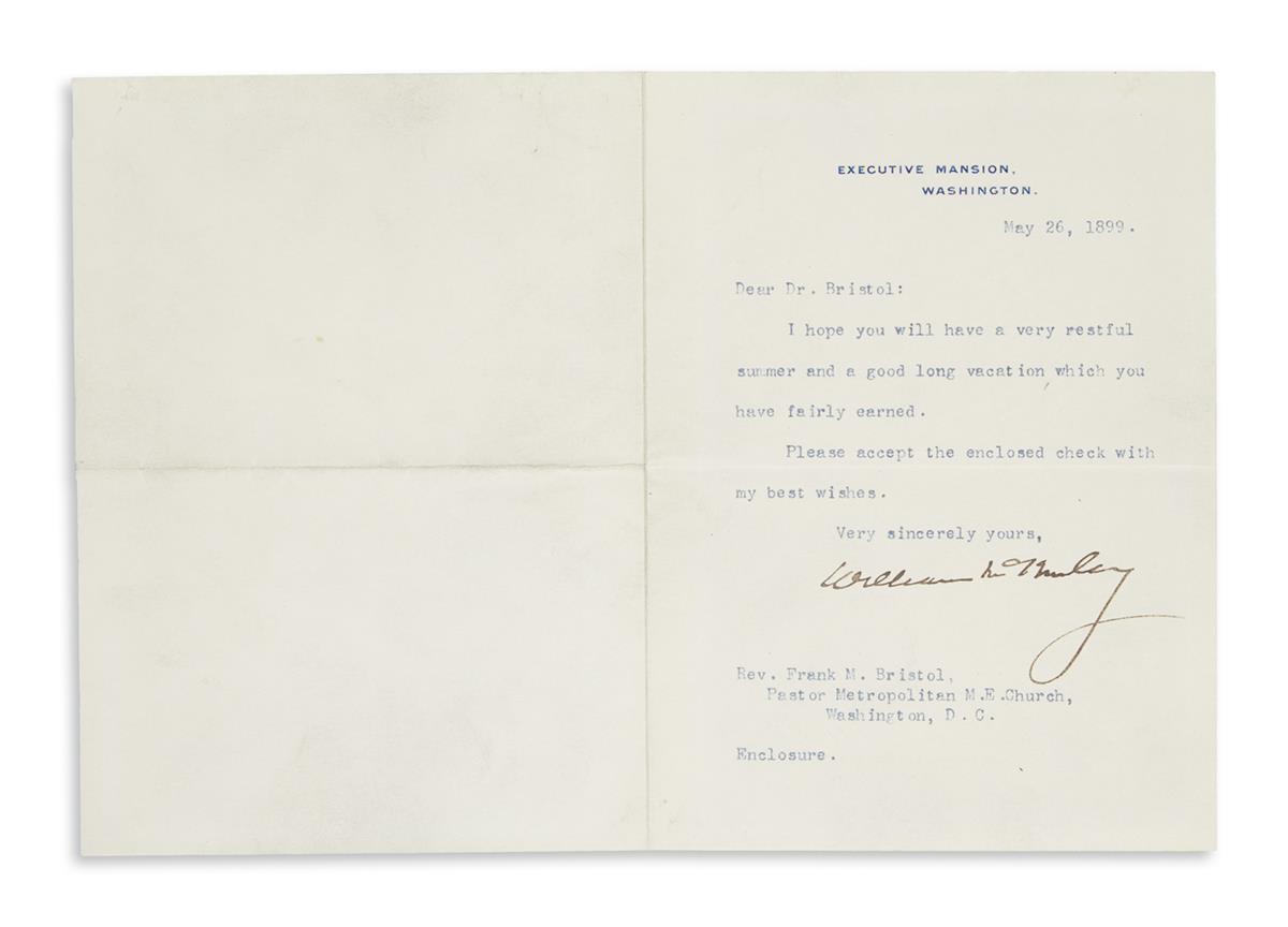 MCKINLEY, WILLIAM. Typed Letter Signed, as President, to Reverend Frank M. Bristol,